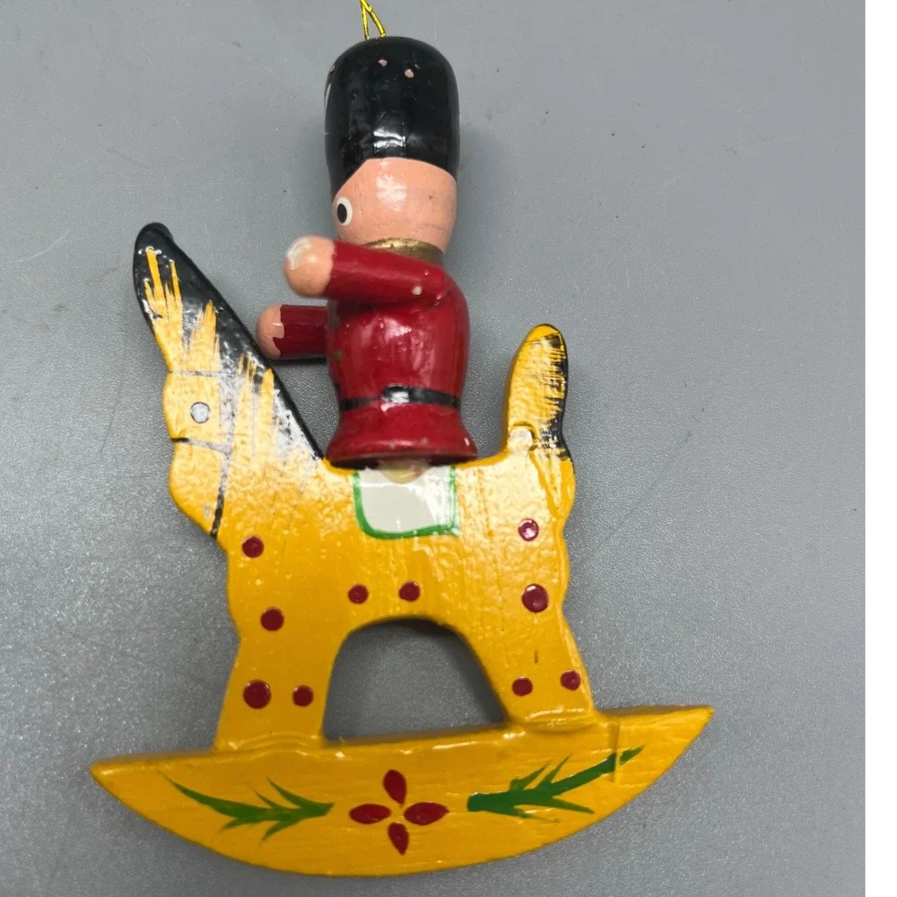 Vintage‎ Soldier on Wooden Rocking Horse Ornament Yellow Toy Pony Red